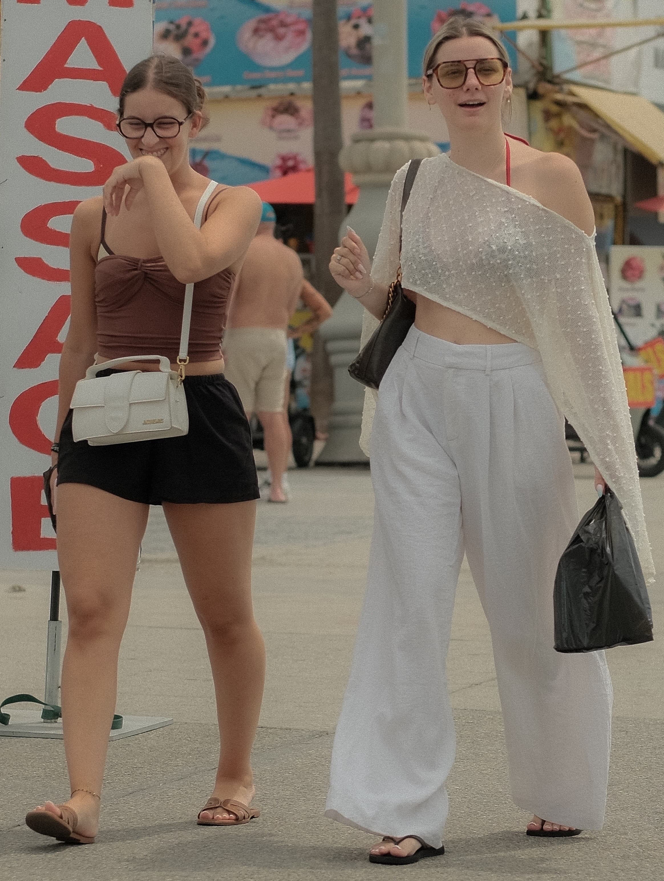Bandeau top and shorts, beaded wrap top and trousers