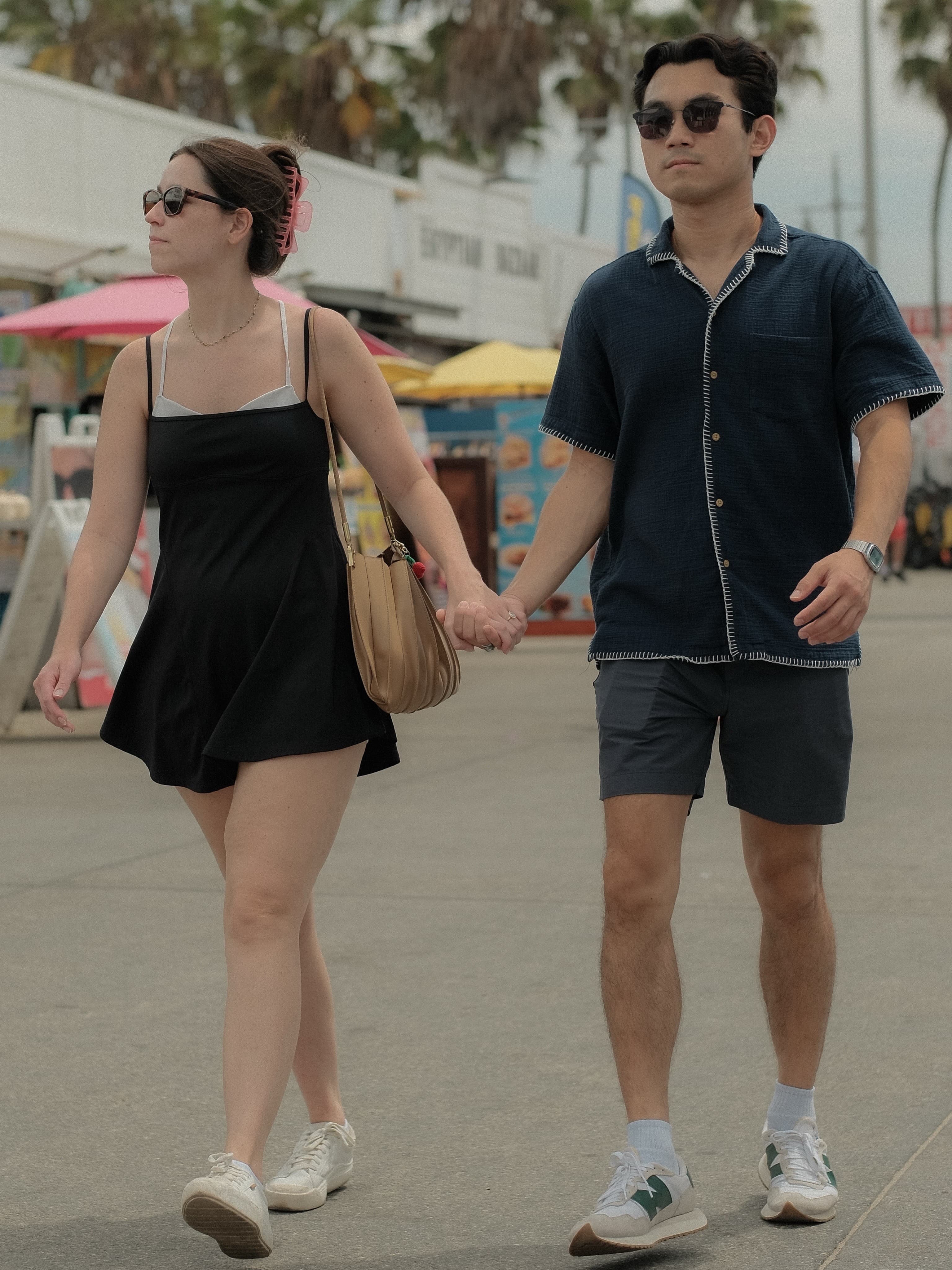 Slip dress and white sneakers, camp-collar shirt and shorts