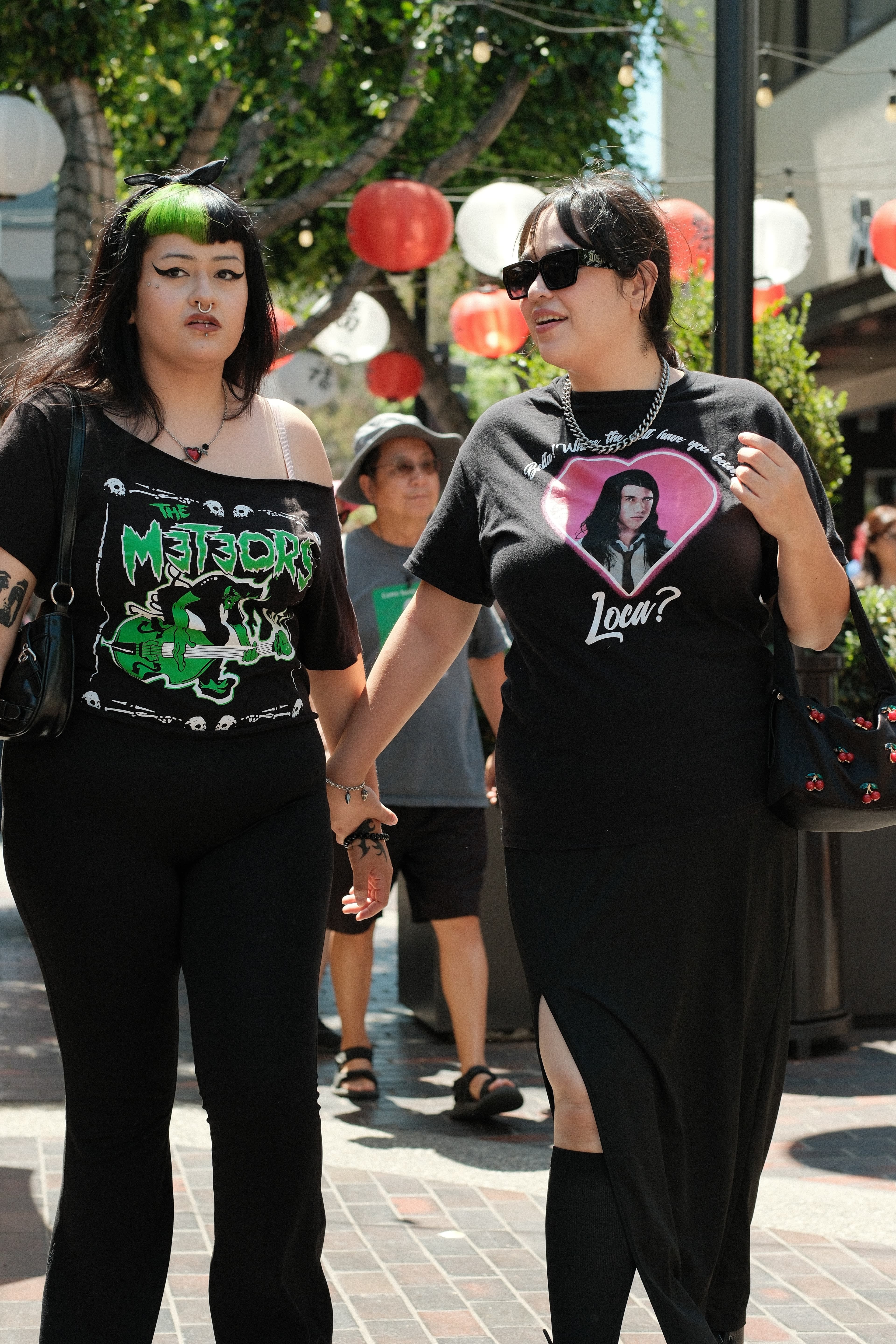 Band tee and leggings, graphic tee and cherry-embroidered skirt