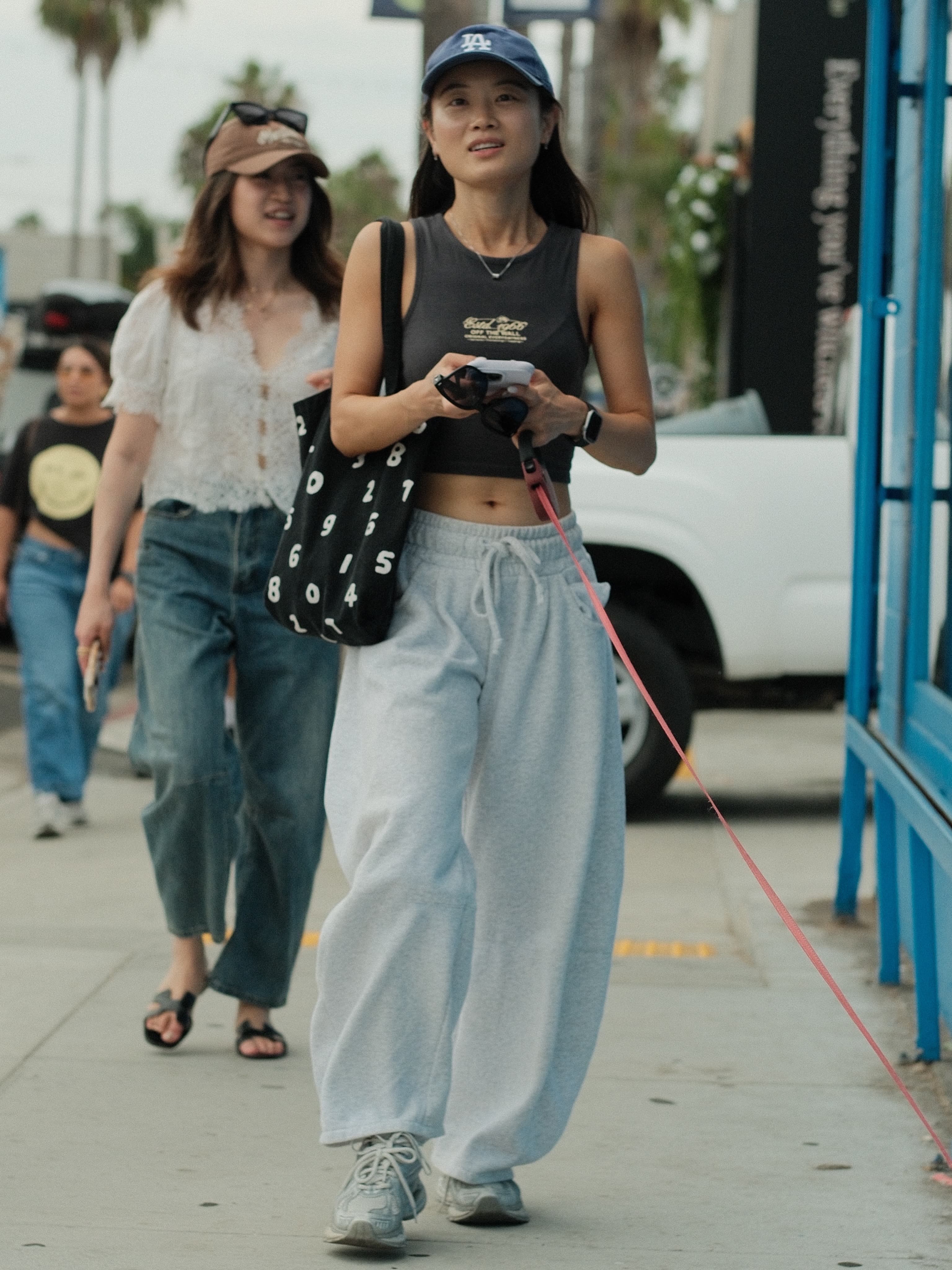 Cropped graphic tank, wide grey sweatpants