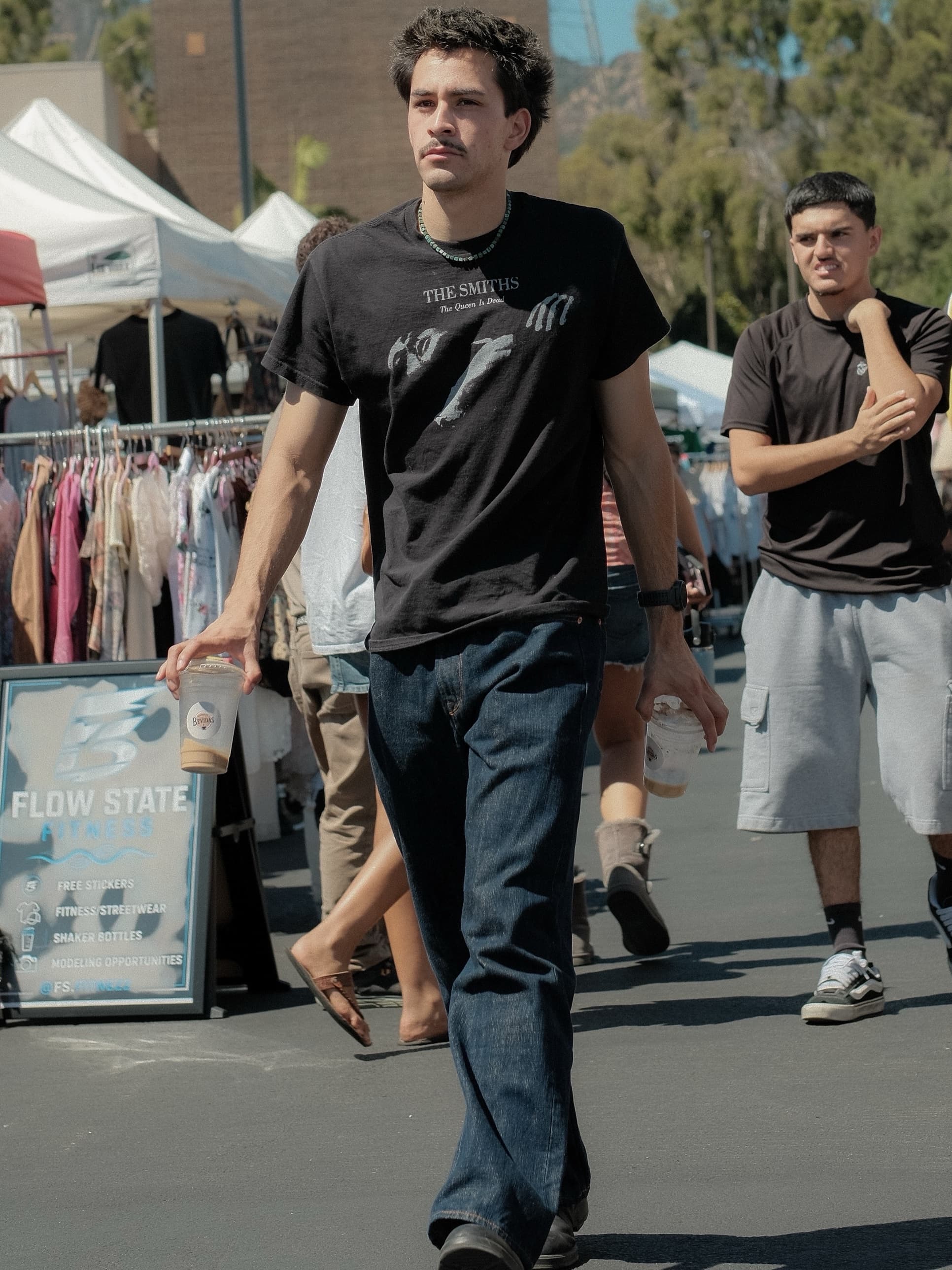 Faded band tee, baggy dark denim