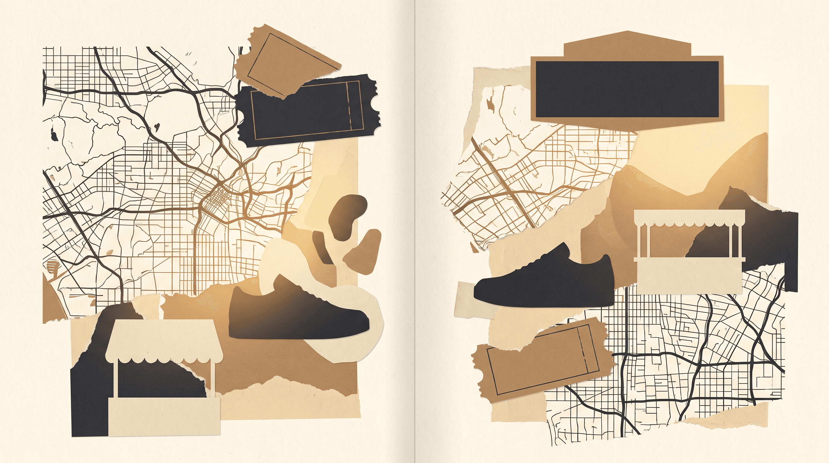Editorial illustration — abstract collage of LA street-map fragments, an event ticket, a market stall and a sneaker
