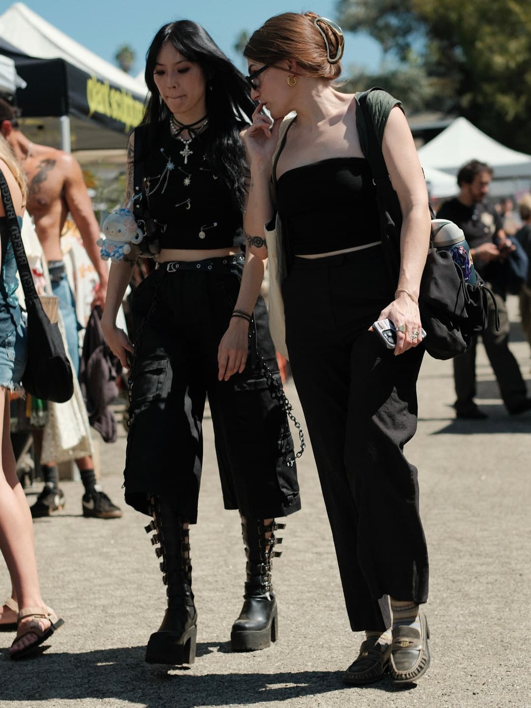 Black coated cargo culottes, platform buckle combat boots