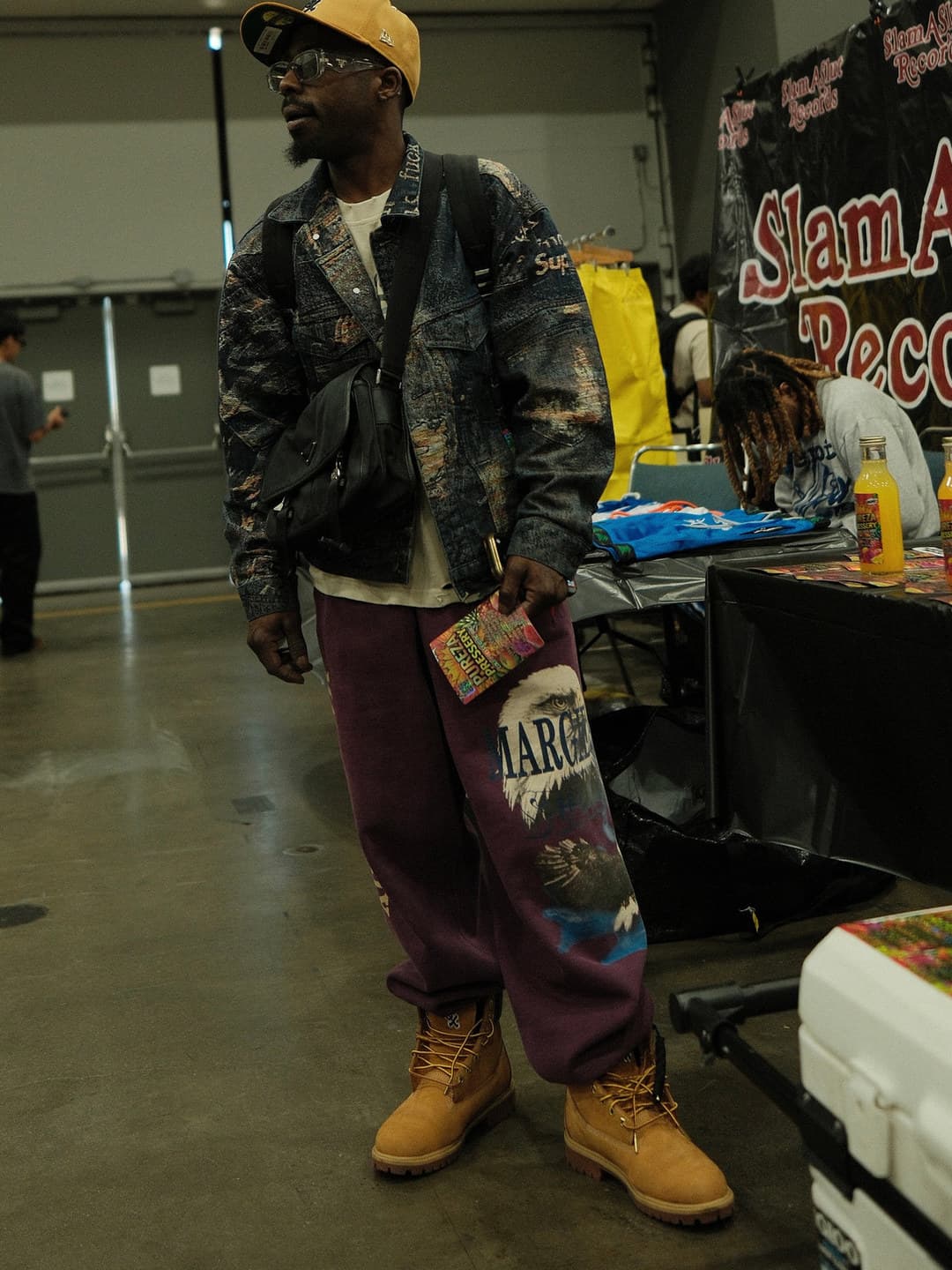 Distressed patchwork denim jacket, maroon printed jeans