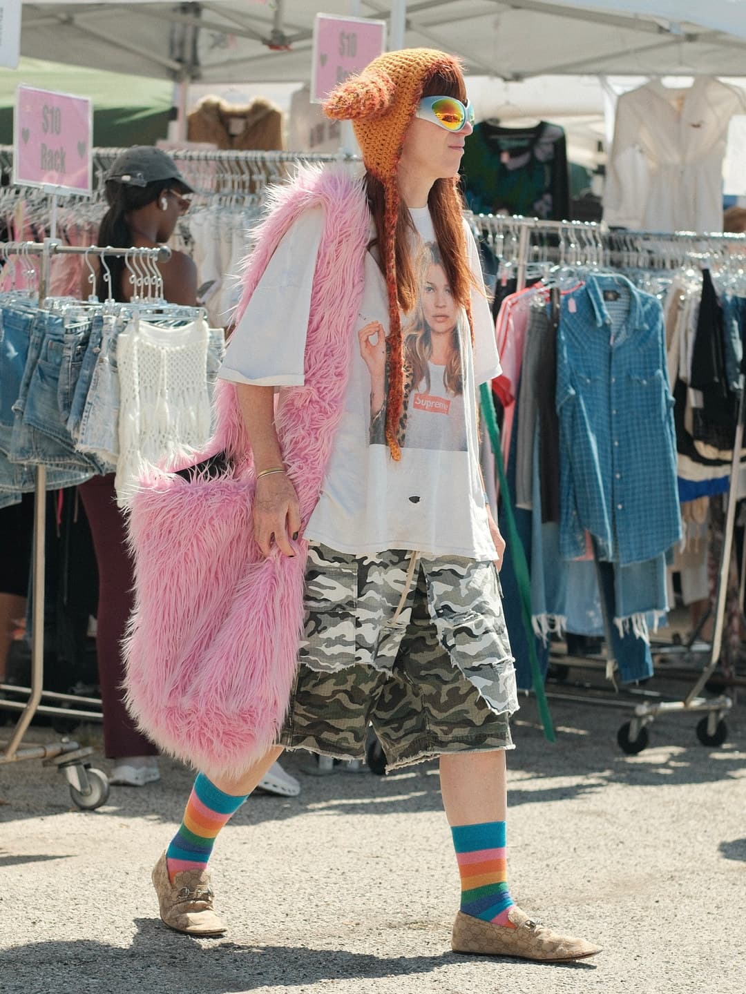 Pink fur, camo shorts, rainbow socks