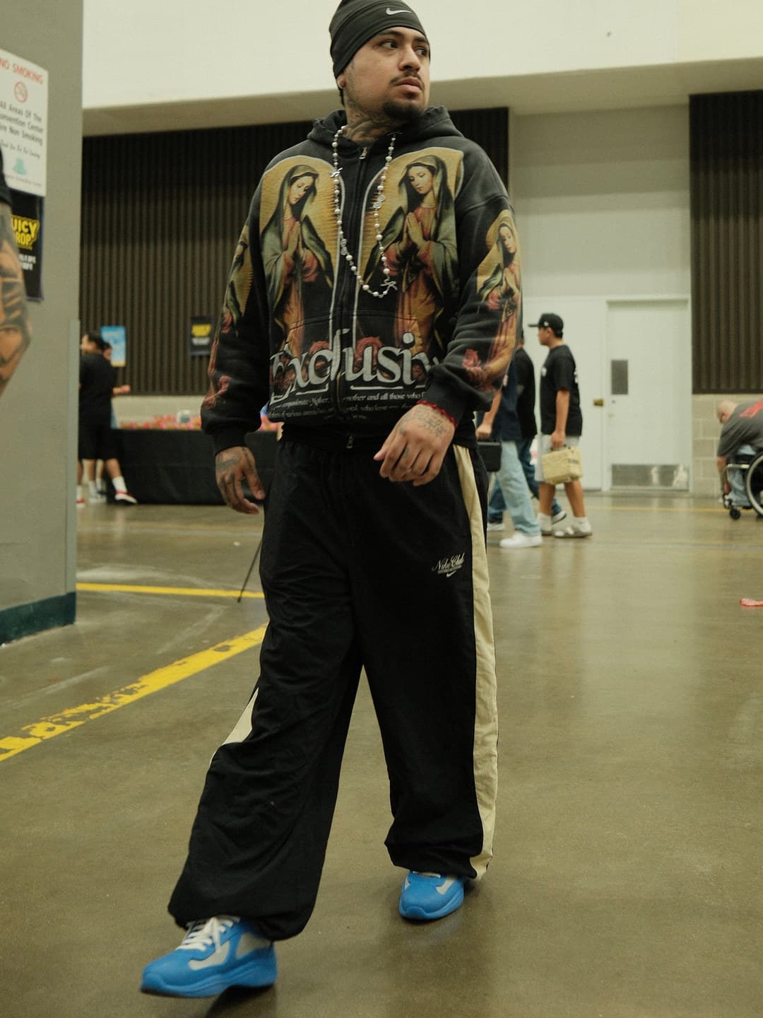 Photographic-print zip hoodie, black track pants