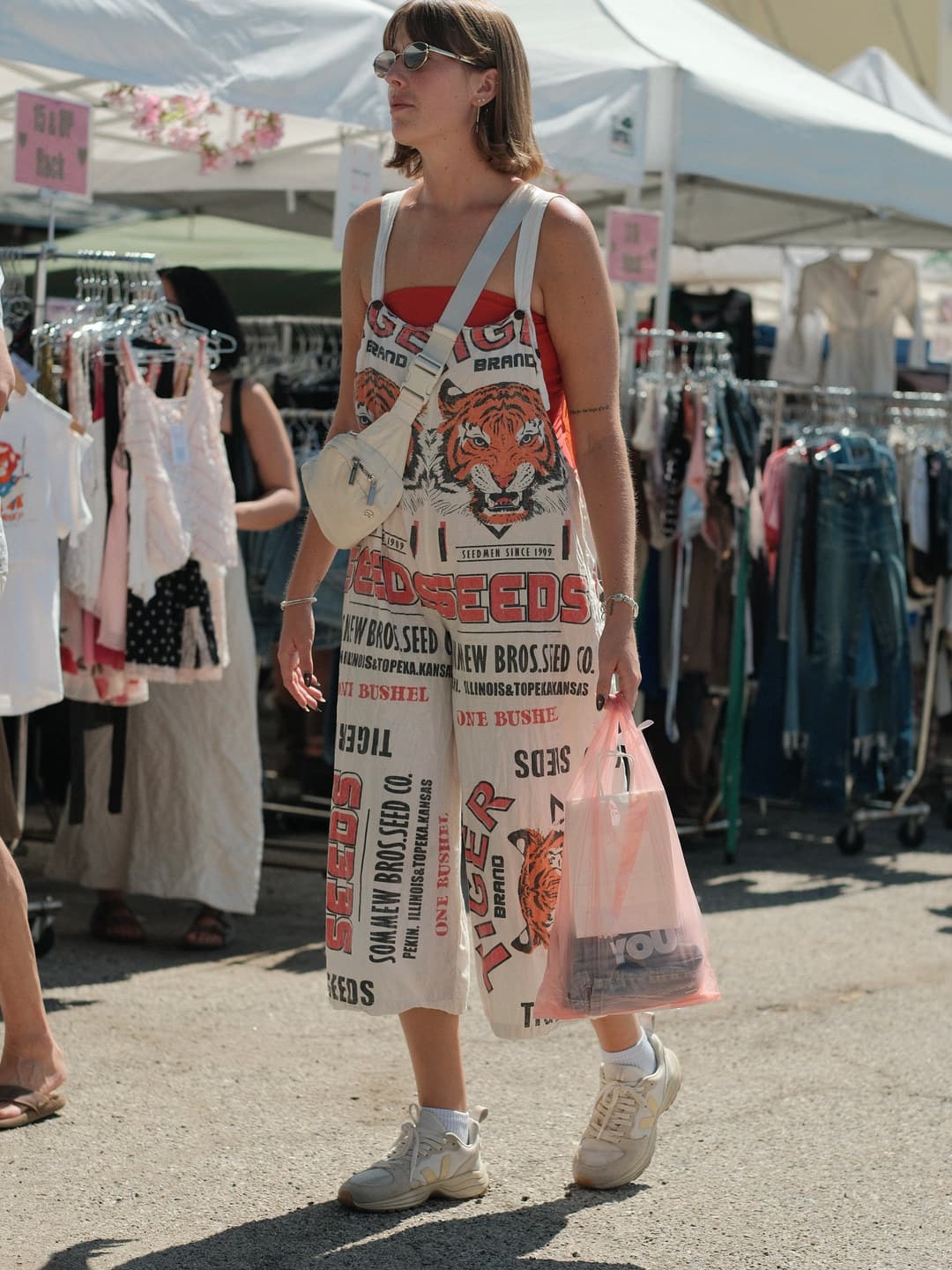 A feed-sack pinafore, printed with tigers